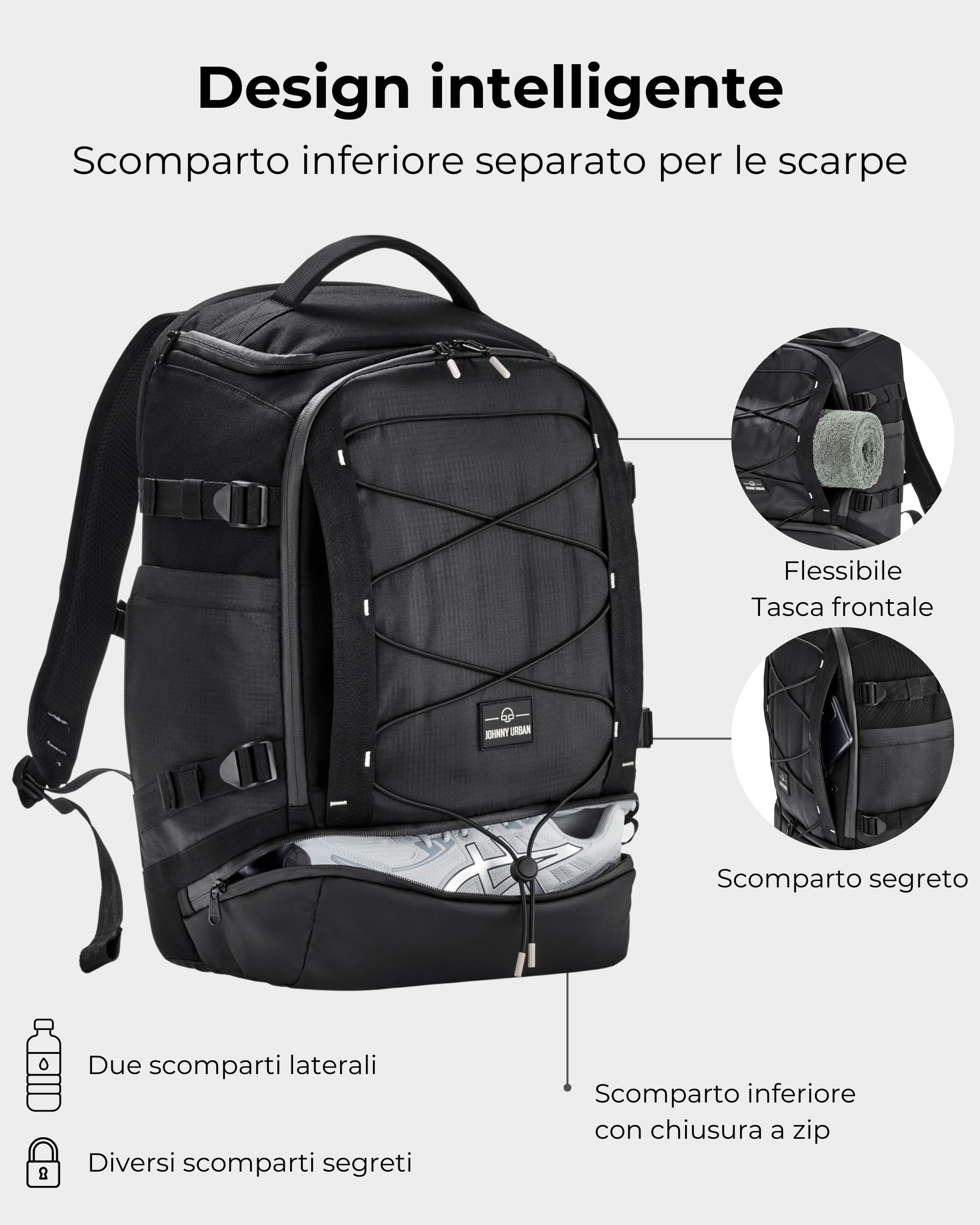 Johnny Urban Zaino Uomo Donna Nero - Jack - Zainetto Porta PC Da Lavoro Università Travel - Zaino Da Giorno Con Molti Scomparti - Idrorepellente