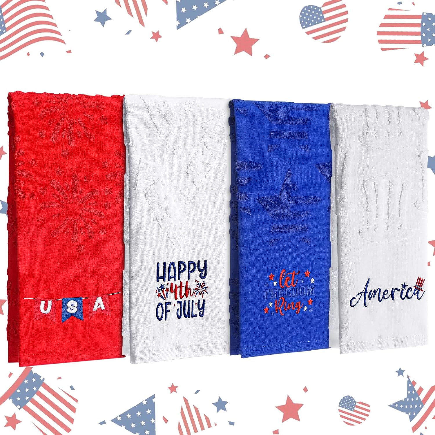 Hahafelt 4 Pack 250th Patriotic Hand Towels 3D Jacquard 4th of July Independence Day Hand Towels 100% Cotton Soft Absorbent Decorative Gifts for Home Drying Cleaning Kitchen