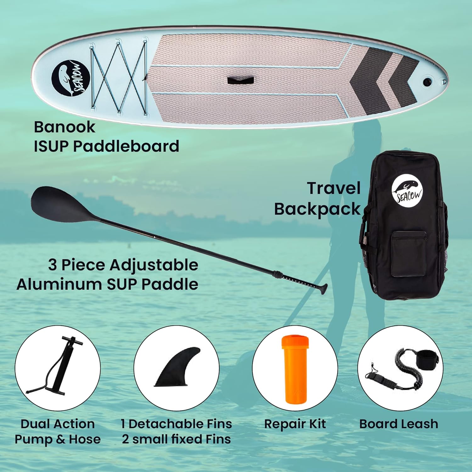 Seacow 10’6” Banook Inflatable Standup Paddle Board (6 Inches Thick, 32 Inches Wide) ISUP, Hand Pump and 3 Piece Paddle, Travel Backpack and Accessories New Paddle Leash Included