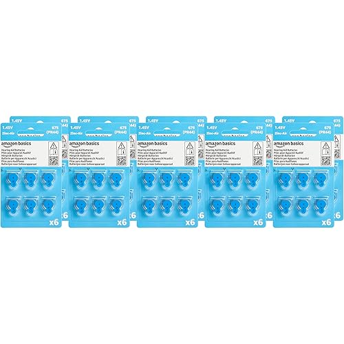 Amazon Basics 60-Pack Hearing Aid Size 675 Zinc-Air Batteries, 1.45 Volt, Blue Tab, 4-Year Shelf Life, Child-Safe Package (Use Scissors to Open)
