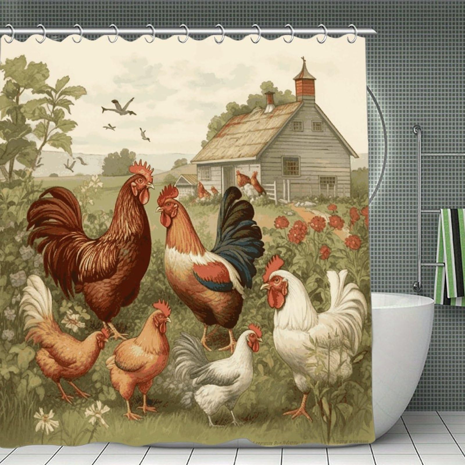 FekiLoot Chickens and Farm Shower Curtain with Hooks Modern Farmhouse Bathroom Curtain Waterproof Cloth Bath Curtains Cute Washable Blackout Privacy Curtains for Bathroom Bathtub 70.8"x70.8"
