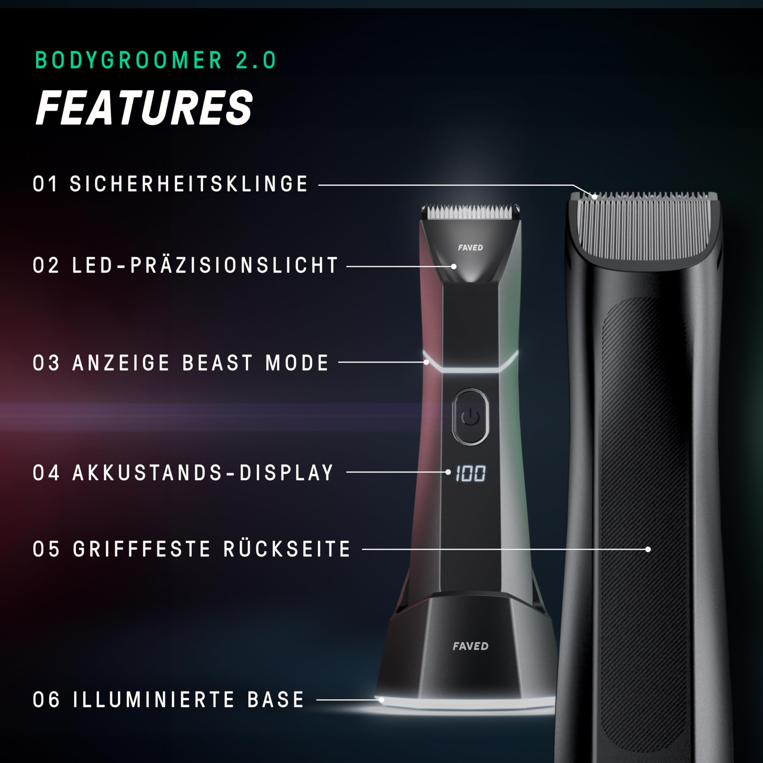 The Bodygroomer 2.0 Intimrasierer & Körperhaartrimmer mit revolutionärer Sicherheitsklinge für den Mann, 120 Min Power, duschfest, LED-Licht, Beast-Mode – aus Deutschland