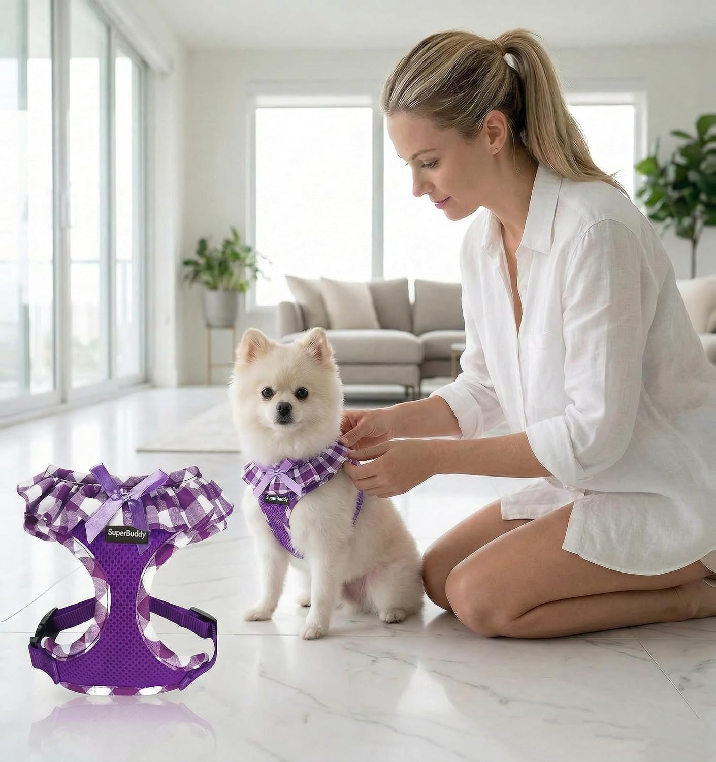 SuperBuddy Upgraded Soft Mesh Dog Harness, Super Breathable Lightweight Pet Harnesses for Puppy Dogs Outdoor Walking, Purple Dog Harness -Large image 4
