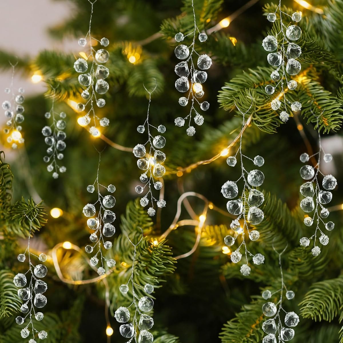 CroBlissful 12 Pcs Crystal Christmas Ornaments for Tree Decorations, Hanging Acrylic Snowy Cluster Icicle Ornaments with Drop for Winter Chandelier Crystals Decorations Supplies (6.7-7 Inch)