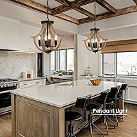 Vista 3 de Iluminación Colgante de Granja, Lámpara de Techo Empotrada Rústica de 4 Luces, Candelabro Vintage Moderno de Madera Sintética para Comedor Isla