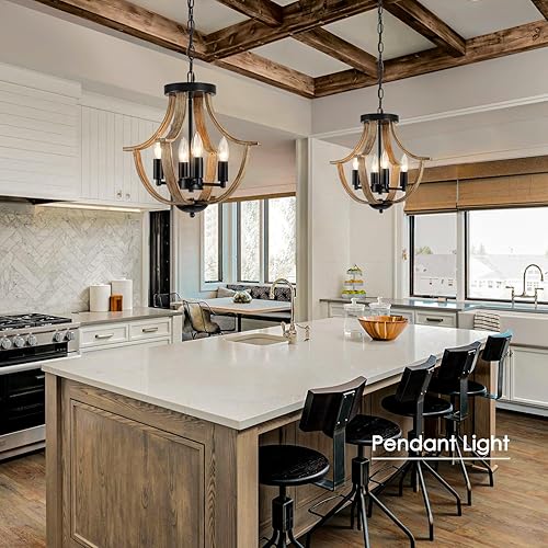 Miniatura 3 de Lámpara colgante colgante de granja, lámpara de techo rústica de 4 luces, lámpara de techo moderna de madera sintética para comedor, cocina, isla,
