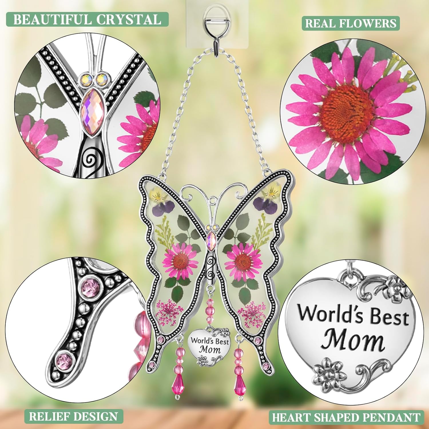 LARAINE Butterfly Suncatcher with Pressed Colourful Flower Wings Mother's Day Butterfly Glass Wind Chime Ornament Charm with Metal Heart Gifts for Grandma Aunt Birthday (Pink, Mom) - Image 4