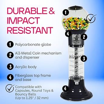 Gumball Machine Original Spiral - 4`10 Height - Set Up for $0.25 - Dispenses 1 Bouncy Balls & Toys in Round Capsules - Spin & Drop Vending Machines for Kids - Bubble Gum Machine - Black