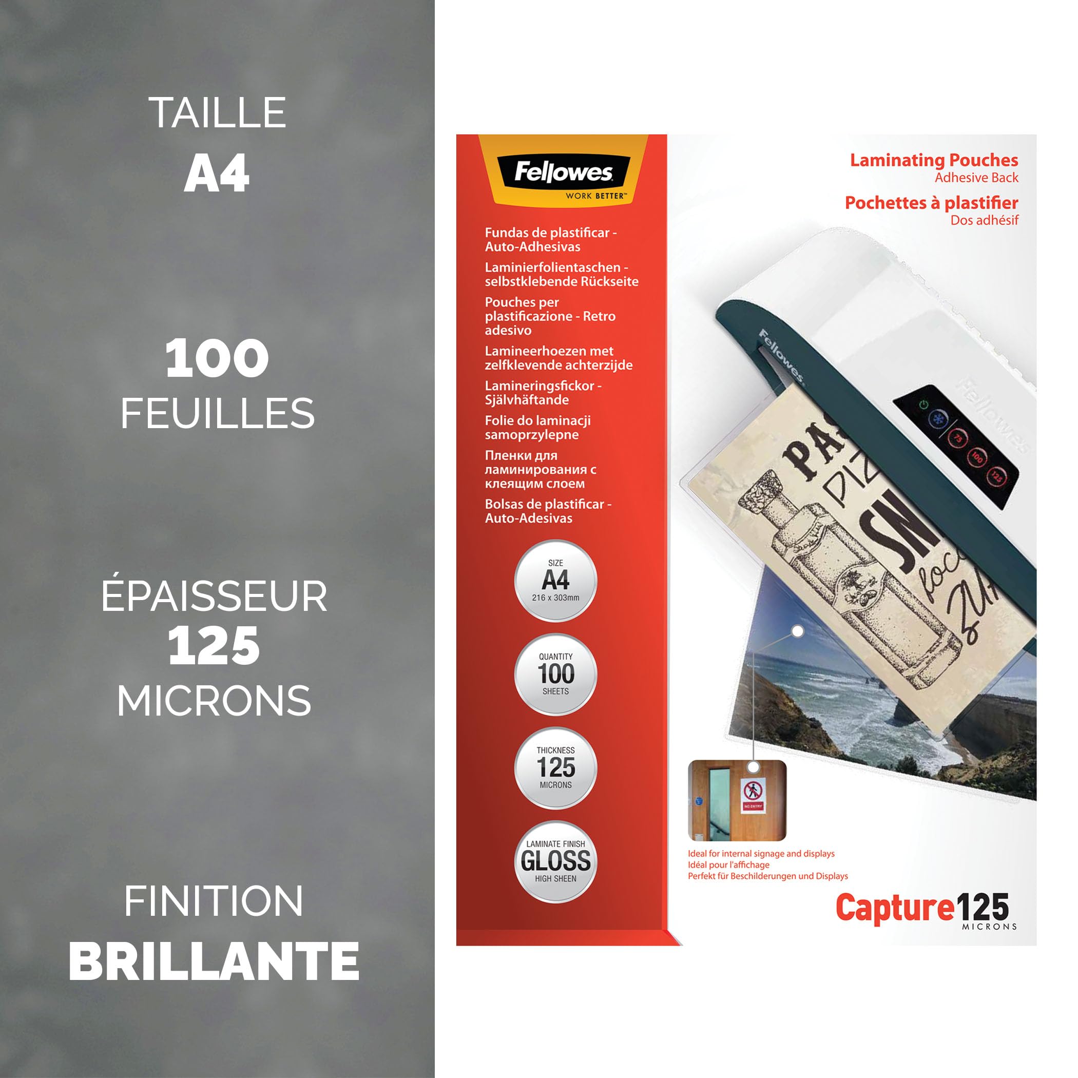 Fellowes Pochettes De Plastification A4 Autocollantes Capture 125 microns Transparent A4 Lot de 100