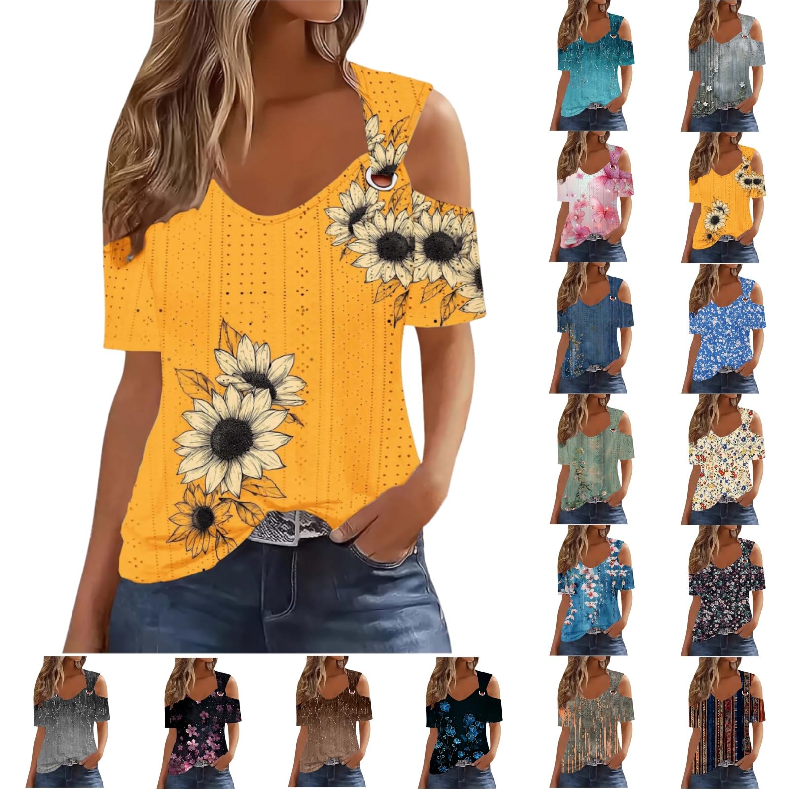Cold Shoulder Eyelet Tops for Women Summer Casual Short Sleeve Floral Shirts Loose Tunic Blouses Boho Beach Tshirt