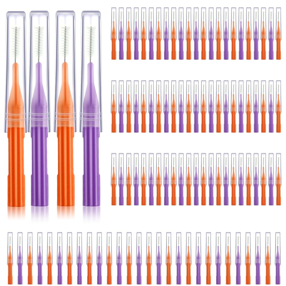 Patelai 100 Pieces Braces Brush for Cleaner Interdental Brush Toothpick Dental Flossing Head Oral Hygiene Flosser Tooth Cleaning Tool(Orange, Purple)