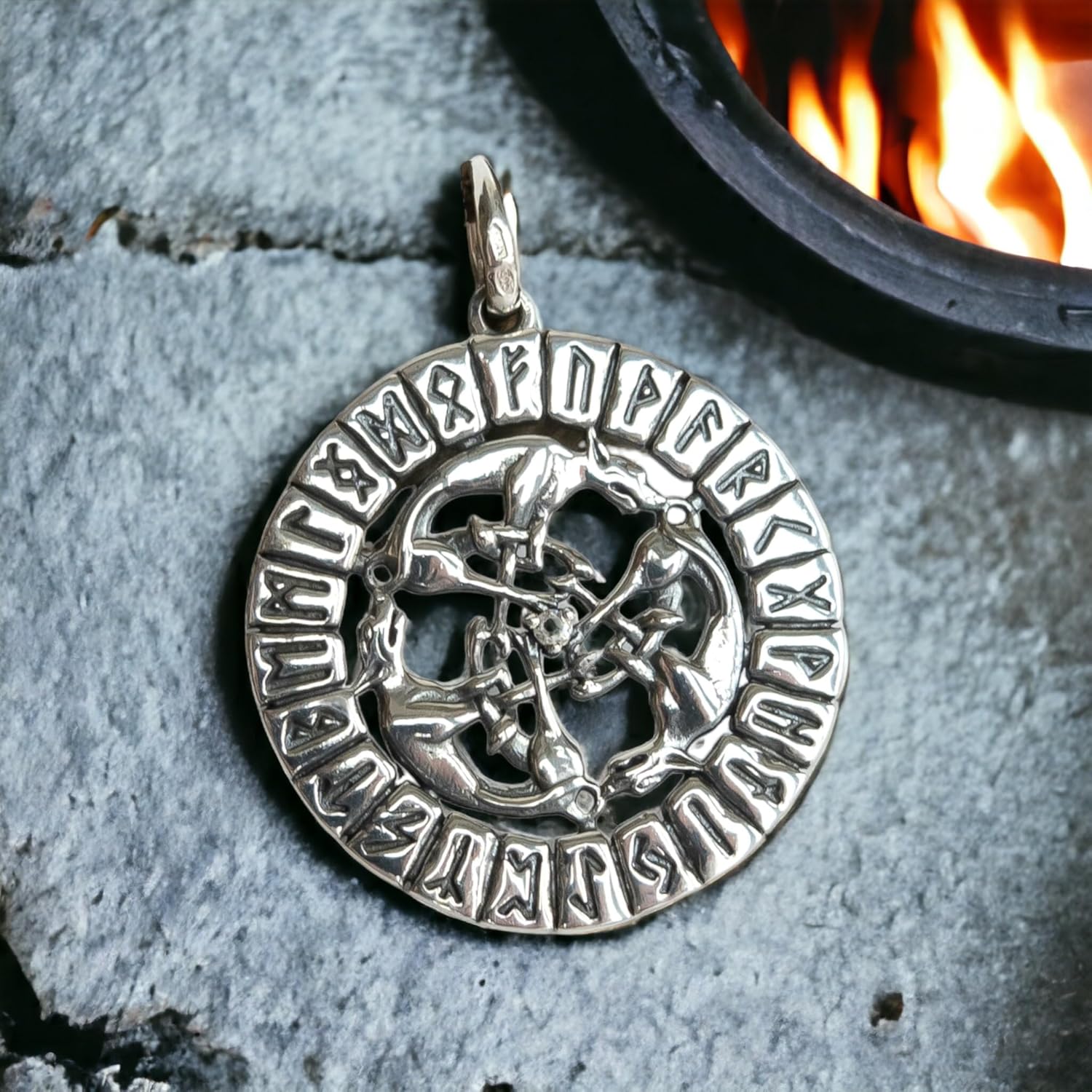 Wolfs Pack in Norse Runes Circle Pendant 925 Sterling Silver - Wolf Necklace - Nordic Biker Viking Accessories Gifts for Men Women - Amulet Talisman for Leaders - Handmade Jewelry