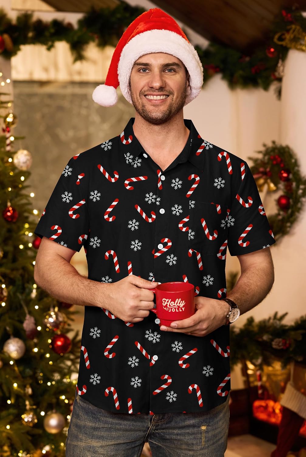 Arvilhill Men's Christmas Button Shirt Cotton Holiday Xmas Graphic Short Sleeve Shirts (S-3XL)