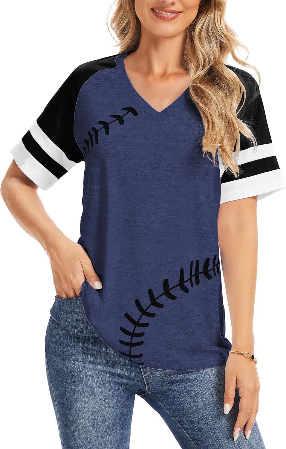 Womens Baseball Tees Baseball Printed Short Sleeve V Neck Colorblock Casual Raglan Baseball Mom T-Shirt - Image 2