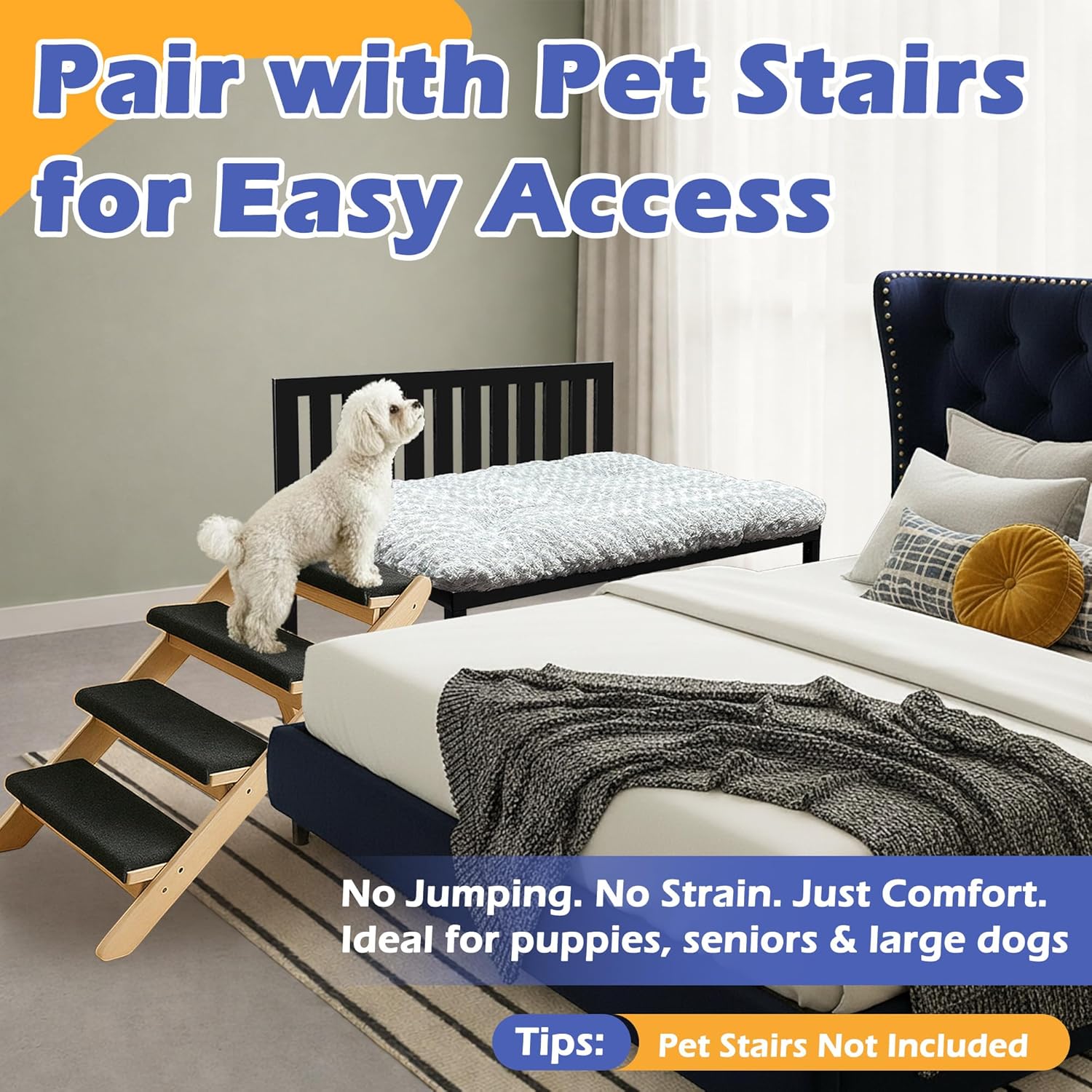 Beside Dog Bed,Adjustable Height Wood Side Panel Dog Bunk Beds,26‘’x18.5‘’Metal Dogs Bed Frame with Cushion,Medium