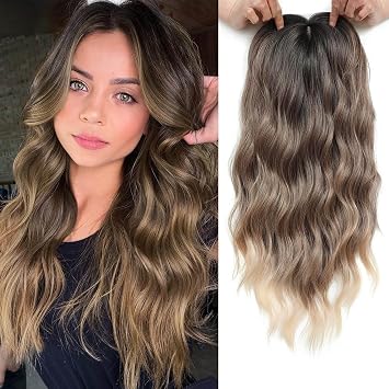Ms Taj Hair Topper for Women with Thinning Hair Clip in 20inch Light Brown to Blonde Ends Long Wavy Curly Synthetic Hair Toppers for White HairRoots Cover Changing Hairstyle Add Volume and length