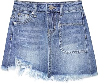 Vestido jeans para meninas KIDSCOOL SPACE, lindo Rippe desfiado bainha crua design simples saias curtas de verão
