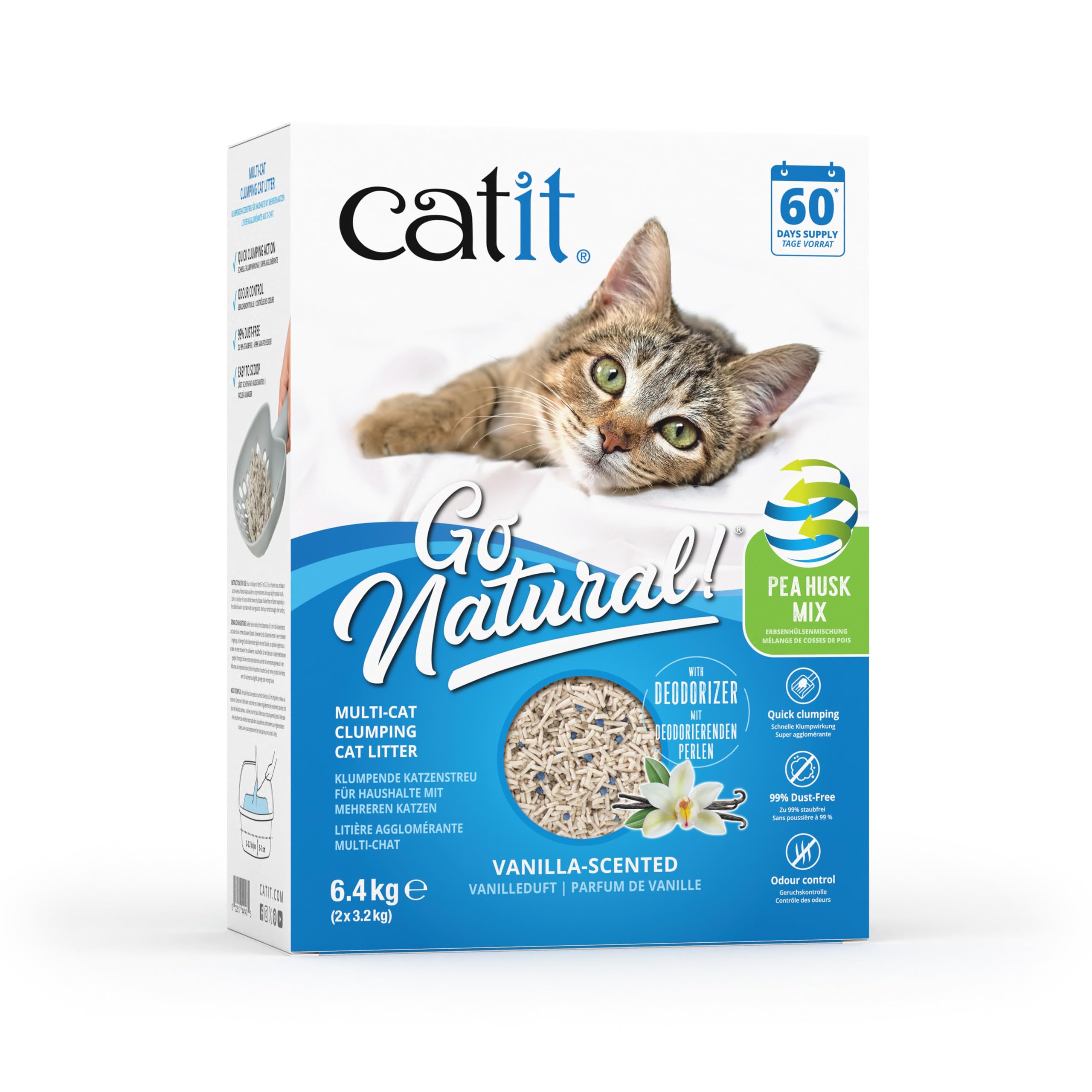 Catit Go Natural Vanilla Scented Multi-Cat Clumping Cat Litter, Deodorising, 99% Dust-Free, Fast Clumping Cat Litter, Pea Husk and Clay Litter for Cats & Kittens, 6.4kg Bag