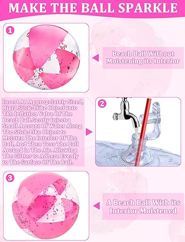 Miniatura 6 de TURNMEON 5 bolas de playa con purpurina, lentejuelas de 24 pulgadas y 16 pulgadas, bolas de playa inflables rosas para niños y adultos, pelotas de