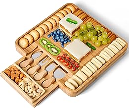 Cheese Board and Knife Set, Square Charcuterie Board Set with Slide Out Tray, Large Size Bamboo Cheese Platter and Serving Tray, Perfect for Entertaining, Picnics, and Parties