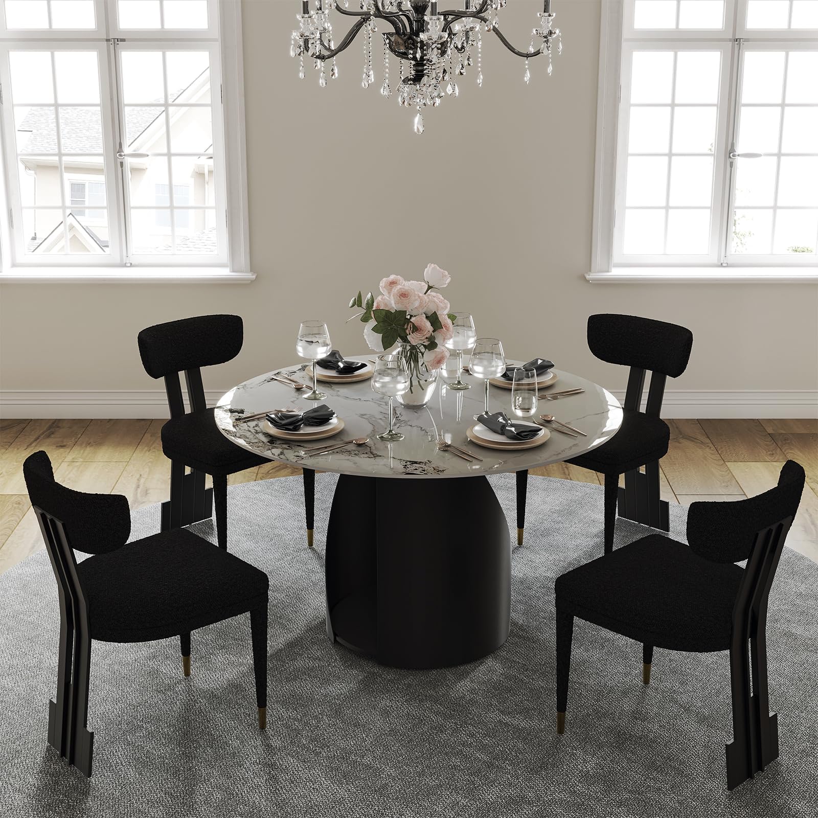 Black Dining Tabe Set for 2, 3 Pieces Luxury Mid Century Modern Dining Room Set, 48 in White Round Sintered Stone Dining Table with 2 Black and Gold Boucle Chairs for Kitchen, Living Room