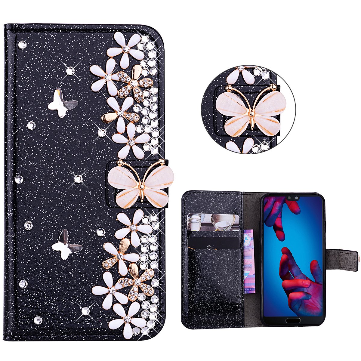 Xifanzi Butterfly & Flower Black Glitter Wallet Case For Huawei P20 Pro, P20 Pro Black Glitter Luxury Magnetic Bling Glitter Pu Leather Flip Case Wallet Cover For Huawei P20 Pro 3D Butterfly Flowers Pro