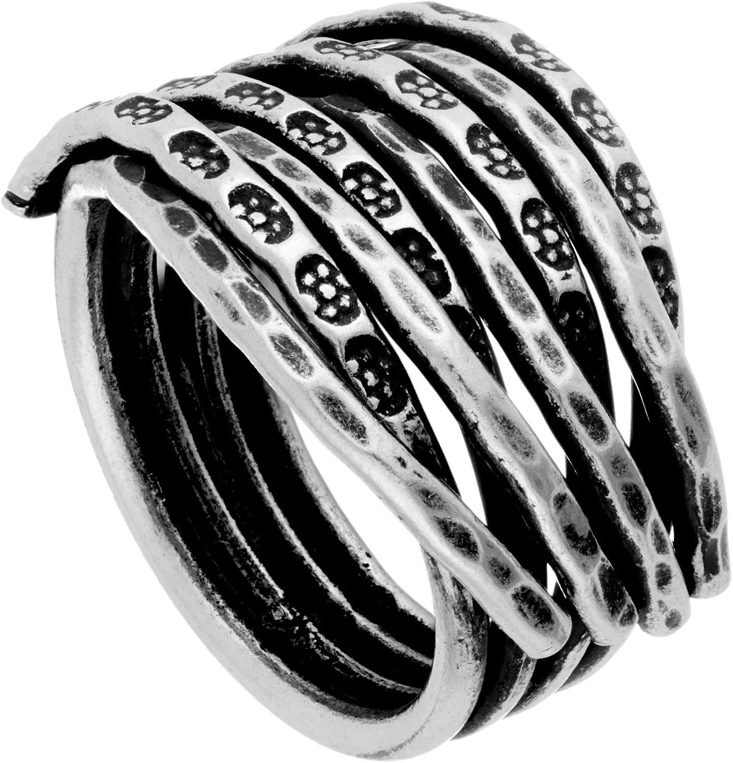 81stgeneration Hill Tribe Silver Chunky Multi-Row Flower Motif Ring - Tribal Floral Pattern Multiband Rings for Women 999 Pure Silver - Wide Wraparound Ribbon Design - Artisan Statement Jewelry