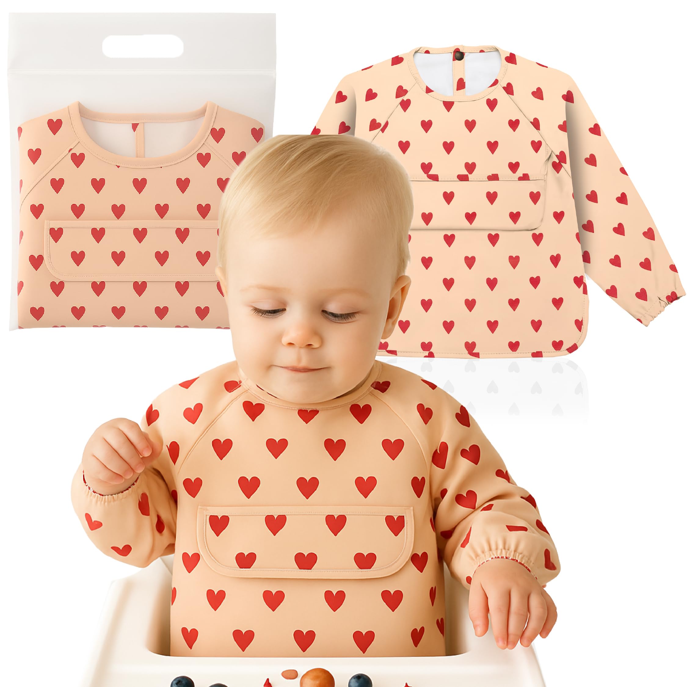 Weakup10 Waterproof Sleeved Bib, Waterproof Baby Bib, Bib, 6 to 36 Months, Baby Bib with Sleeves, BLW Sleeve Bib, Waterproof Baby Bib, Easy to Clean, hearts, One Size