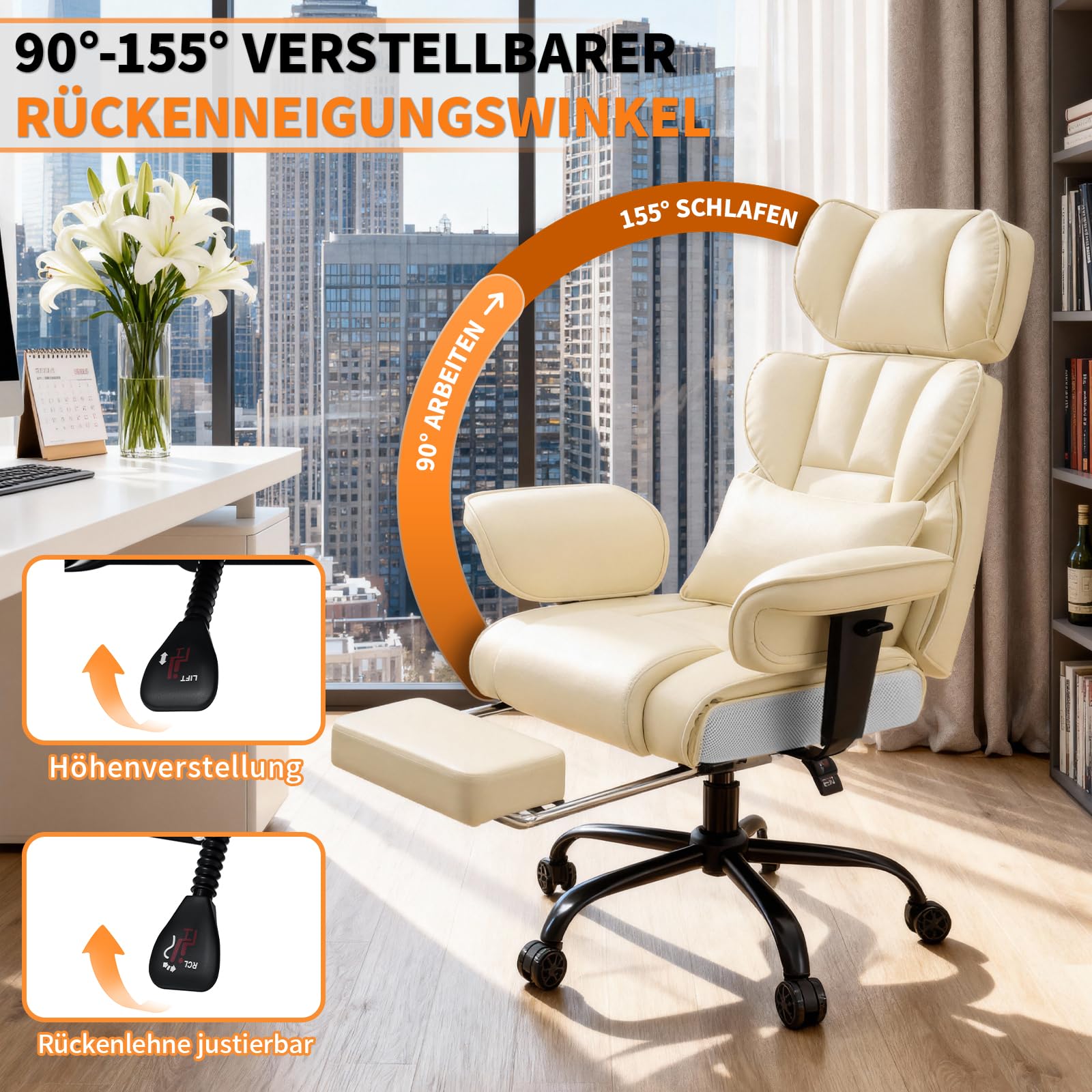 HOFFREE Ergonomischer Bürostuhl mit Fußstütze PU Leder Chefsessel mit 155° Liegefunktion, Verstellbare Armlehnen und Kopfstütze, Bürosessel Chefsessel 200kg für Büro und Schlafzimmer (Beige)