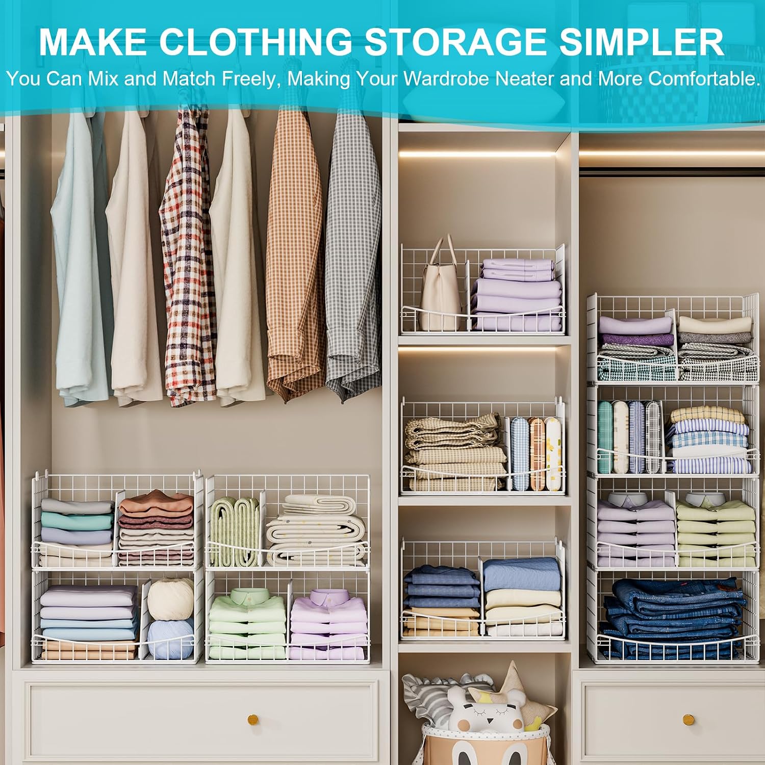 Hongtamoya 4-Tier Closet Organizers and Storage Basket with Divider, Foldable Closet Shelf Organizer System, Space-Saving Clothes Storage Drawer Organizer Bins for Wardrobe Cupboard, White