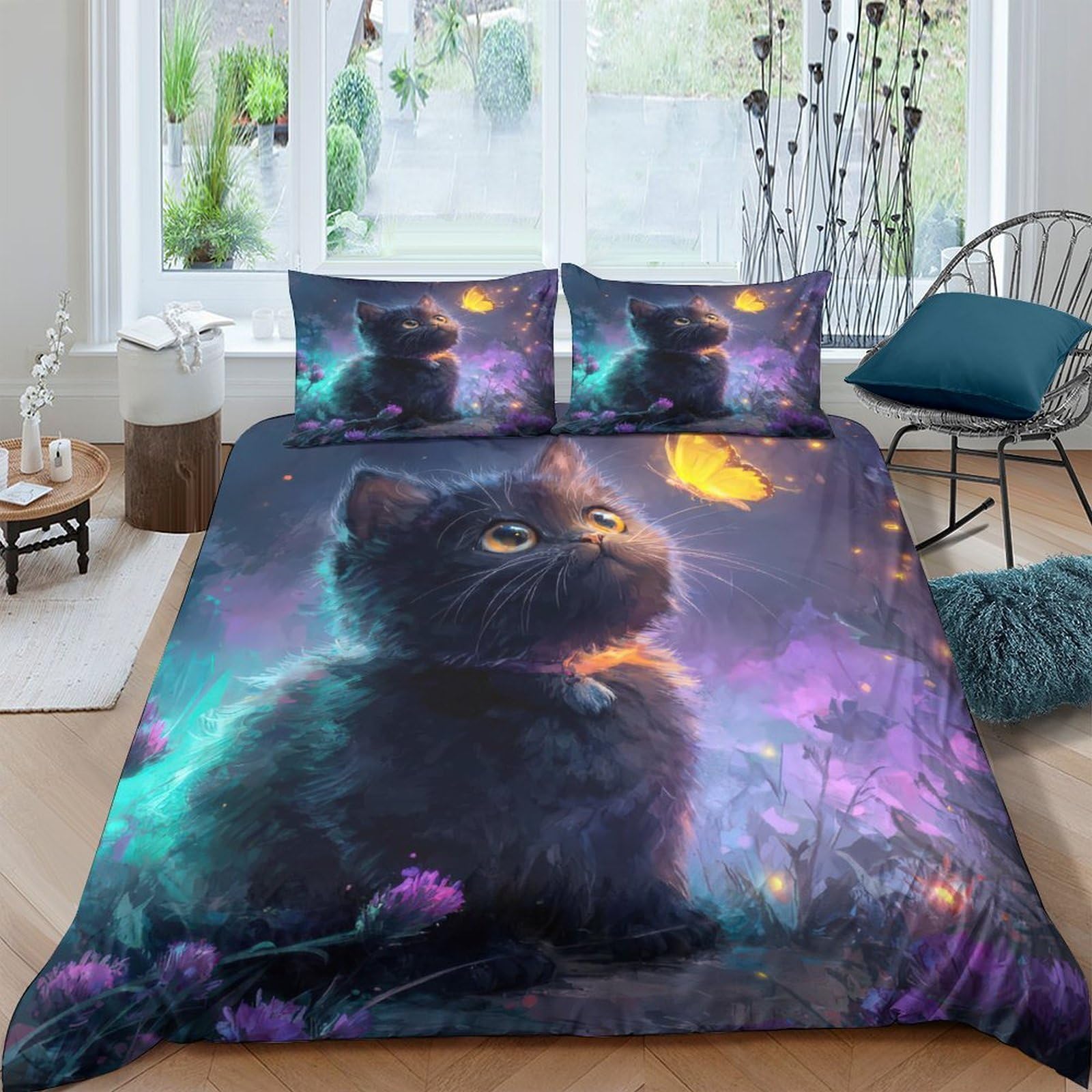 Ctjqhvkz Style-2 3D Printed Fantasy Cat Fitted Sheet Microfiber Soft Breathable Dreamy Butterfly Bed Cover For Bedroom Guest Room Decor Single（135X200cm）