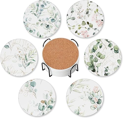 Miniatura 19 de 6 piezas de posavasos con soporte, posavasos redondos absorbentes de flores botánicas de cerámica para protección de mesa, para tazas de café,