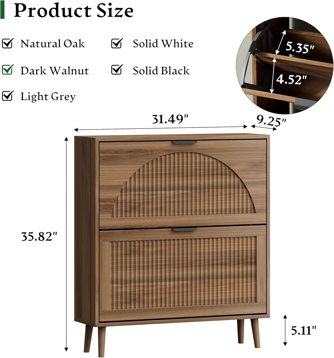 Shoe Storage Cabinet with 2 Flip Drawers, 36" Tall Narrow Wood Fluted Shoe Organizer for Entryway, Freestanding Wooden Hidden Slim Shoe Rack for Front Door Entrance, Hallway, Foyer, Dark Walnut