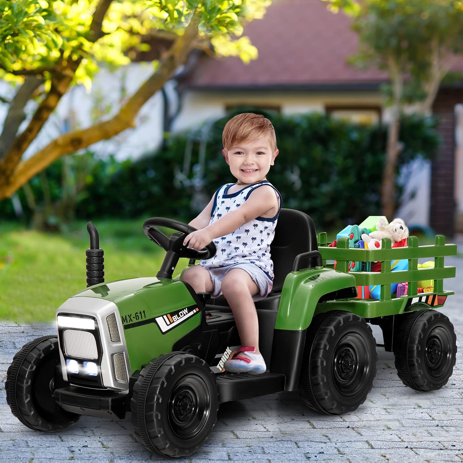 GLACER 12 V Kids Ride on Tractor w/Trailer, Battery Powered Toy Car, w/Parent Remote Control, Soft Start & Stop, 3 Gear Shift, LED Lights, Multi-Media Electric Vehicle Toy for 3+ Years, Gray Green