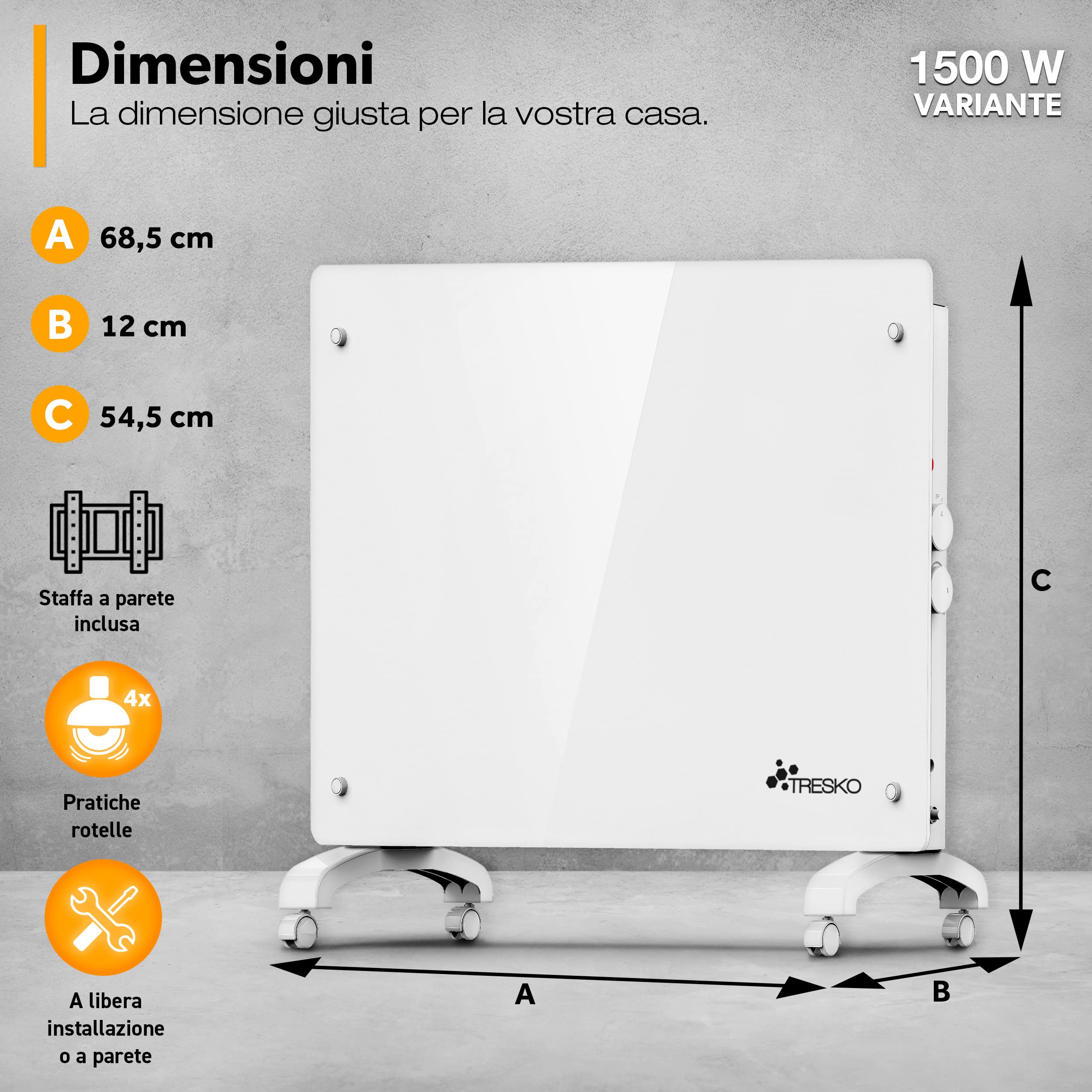 TRESKO Stufa Elettrica Basso Consumo Bianco 1500W | Stufa Elettrica basso consumo | Termoconvettore con Rotelle | Termosifone Elettrico Portatile | Termoconvettore a Parete con Termostato per Casa