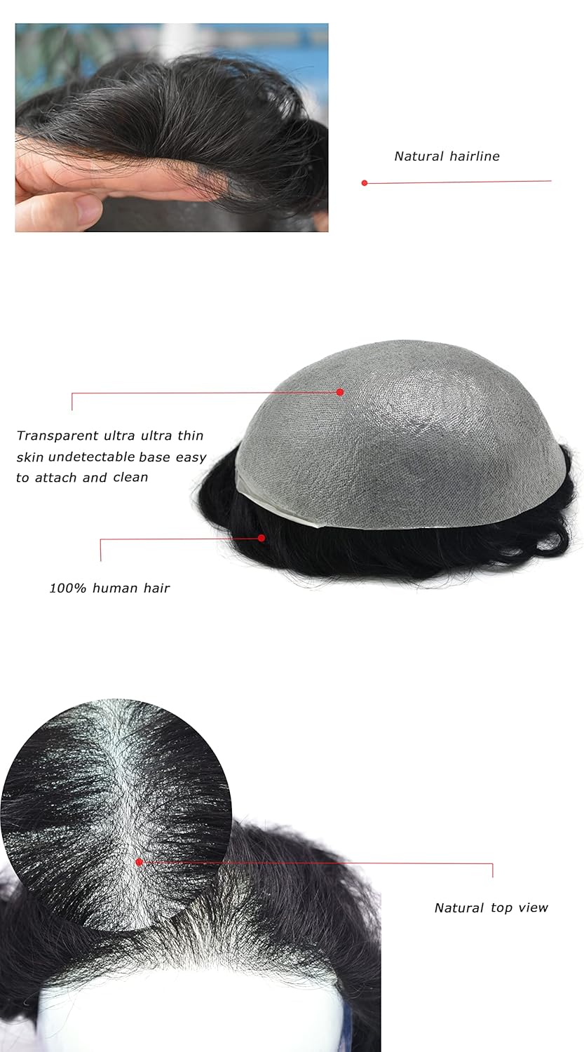 Hair Toupee for Men 100% European Human All V-loop Craft 0.03-0.06mm Ultra Thin Skin Hair Replacement Systems Mens Toupee Protesis Capilar Para Hombre8x10#230 2# DARKEST BROWN+30% GRAY100% density