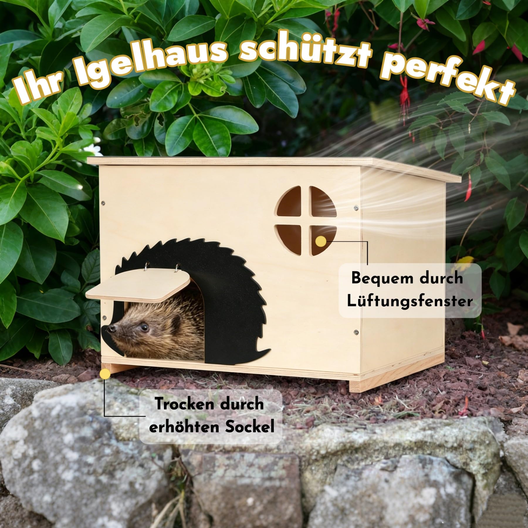 Igelhaus Groß mit Rattenklappe und Labyrintheingang Winterfest, Holz Igelhotel mit Boden 37 x 30 x 28 cm, Igelhütte für Igel zum Unterschlupf & Winterschlaf