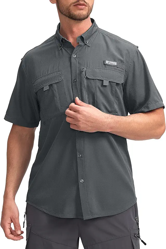 Pudolla Men's Fishing Shirts with Short Sleeves, Summer Travel Work Shirts, Button Down with UPF50+ and Zipper Pockets