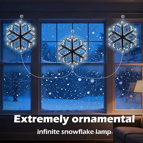 Miniatura 2 de Decoración LED de Navidad, paquete de 3 luces de ventana, luz de espejo LED infinito 3D, copo de nieve, pantalla grande con cable de alimentación de