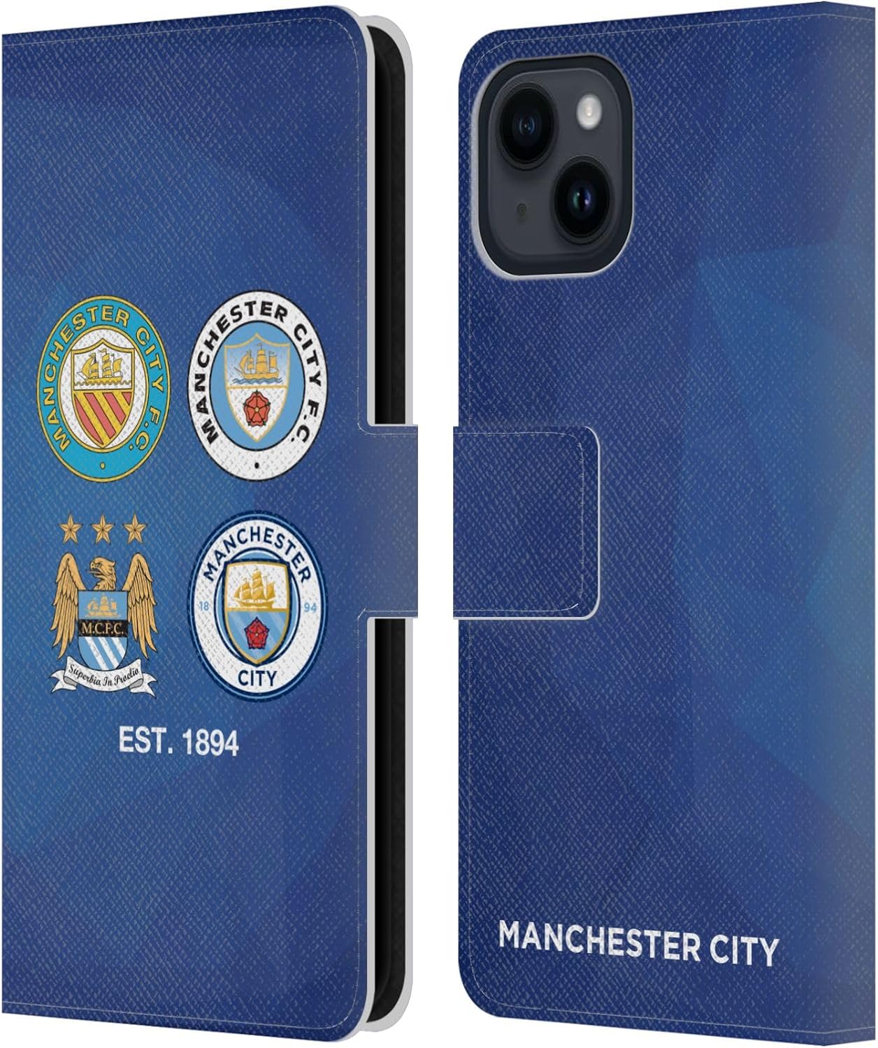 Head Case Designs Officially Licensed Manchester City Man City FC 1894 Navy Blue Geometric Historic Crest Evolution Leather Wallet Case Compatible with Apple iPhone 16e / iPhone 17e