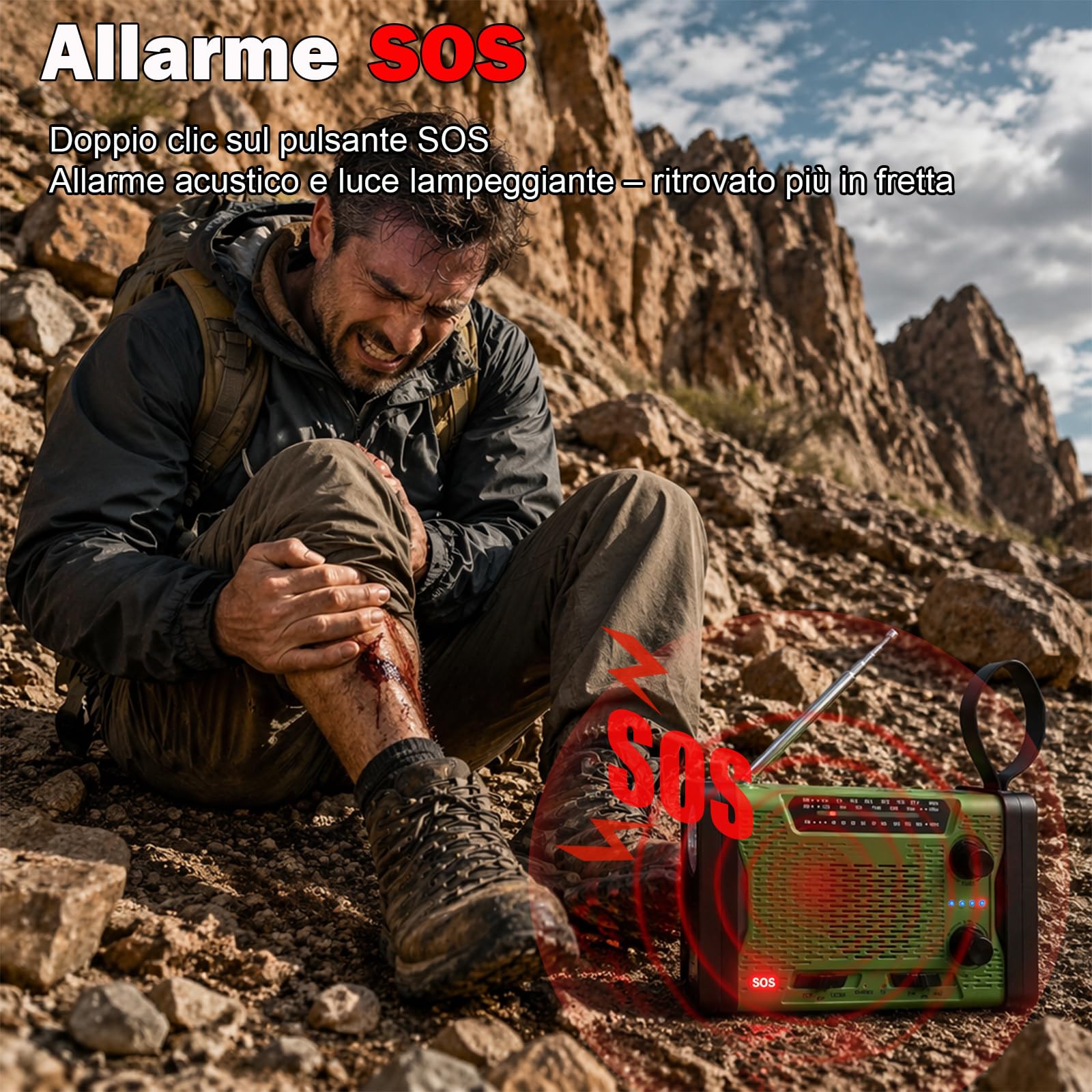 Radio Portatile di Emergenza AM/FM/SW, Radio Dinamo a Manovella con Powerbank Solare 5000mAh, Radiolina Portatile Ricaricabile con Torcia LED, Allarme SOS e Carica USB per Campeggio e Blackout