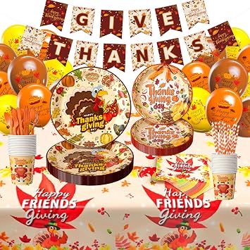 Thanksgiving Party Supplies 212 PCS Disposable Plates Tablecloth Napkins Cups Banner Balloons Thanksgiving Party Decorations Fall Party Supplies Dinnerware Set Serves 24 Friendsgiving