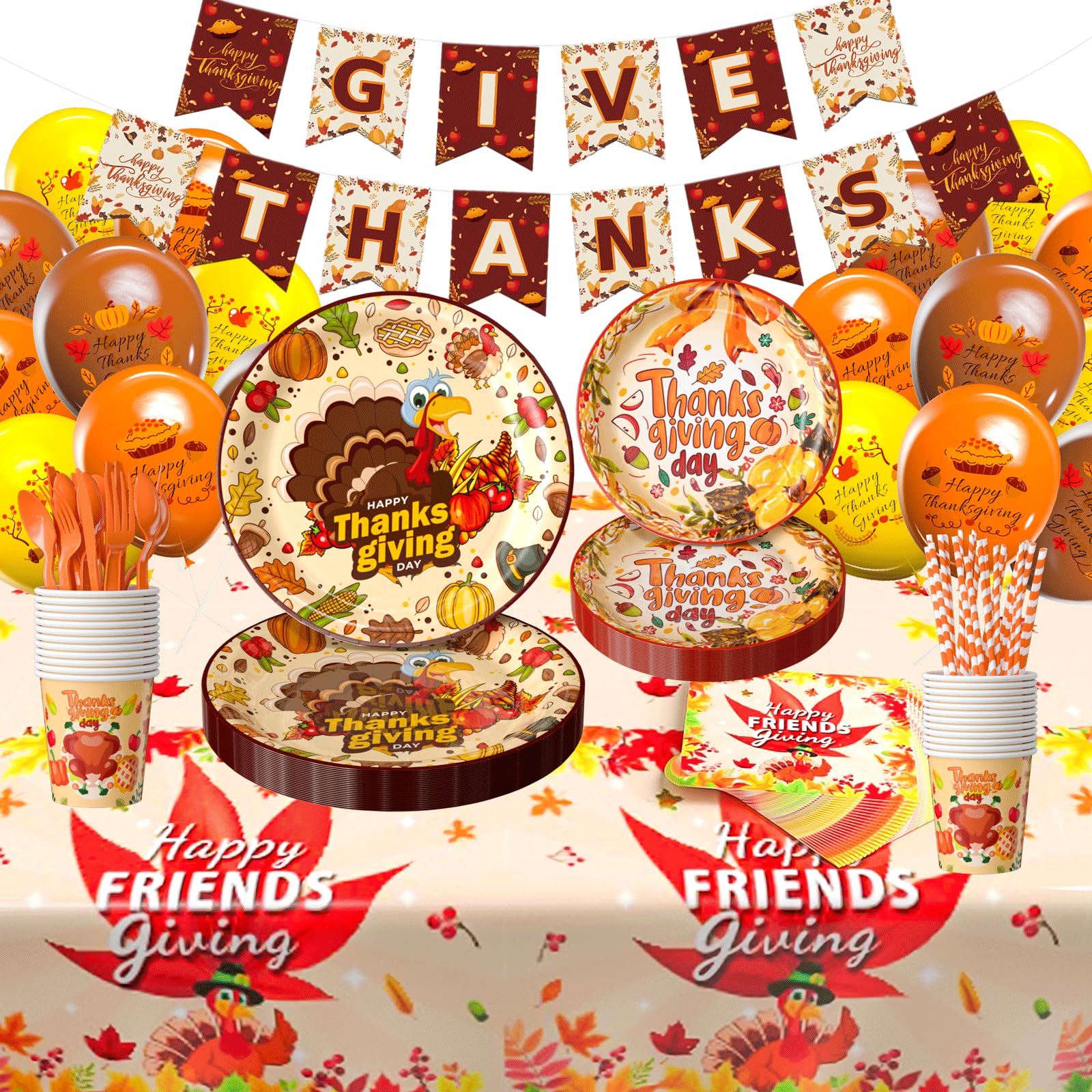 Thanksgiving Party Supplies 212 PCS Disposable Plates Tablecloth Napkins Cups Banner Balloons Thanksgiving Party Decorations Fall Party Supplies