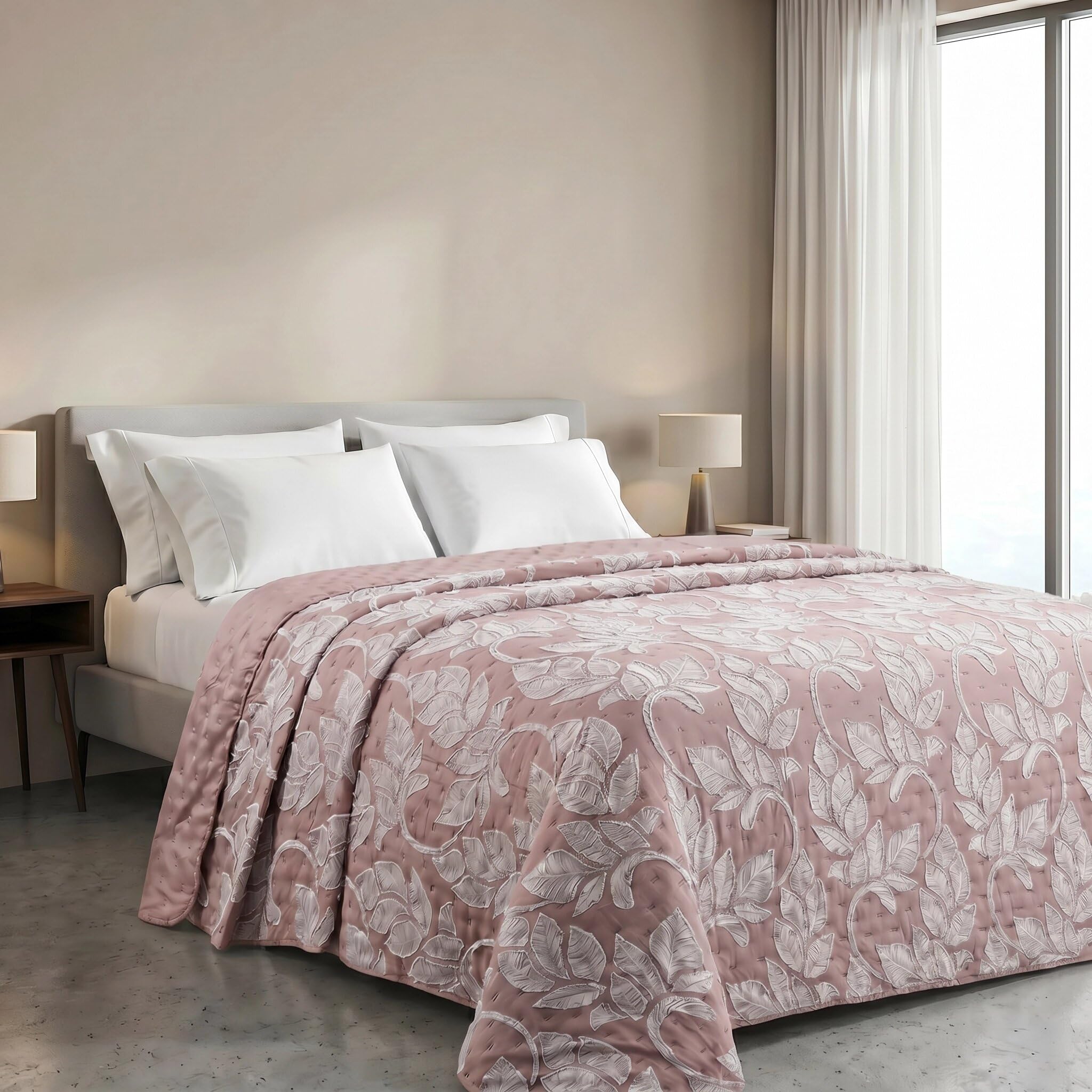 Riad Arredo Trapuntino Matrimoniale Primaverile Estivo Double Face Ricamato Morbida Microfibra 250x250 cm - Copriletto Trapuntato Leggero Elegante Moderno Anallergico (Clipper Rosa Antico)