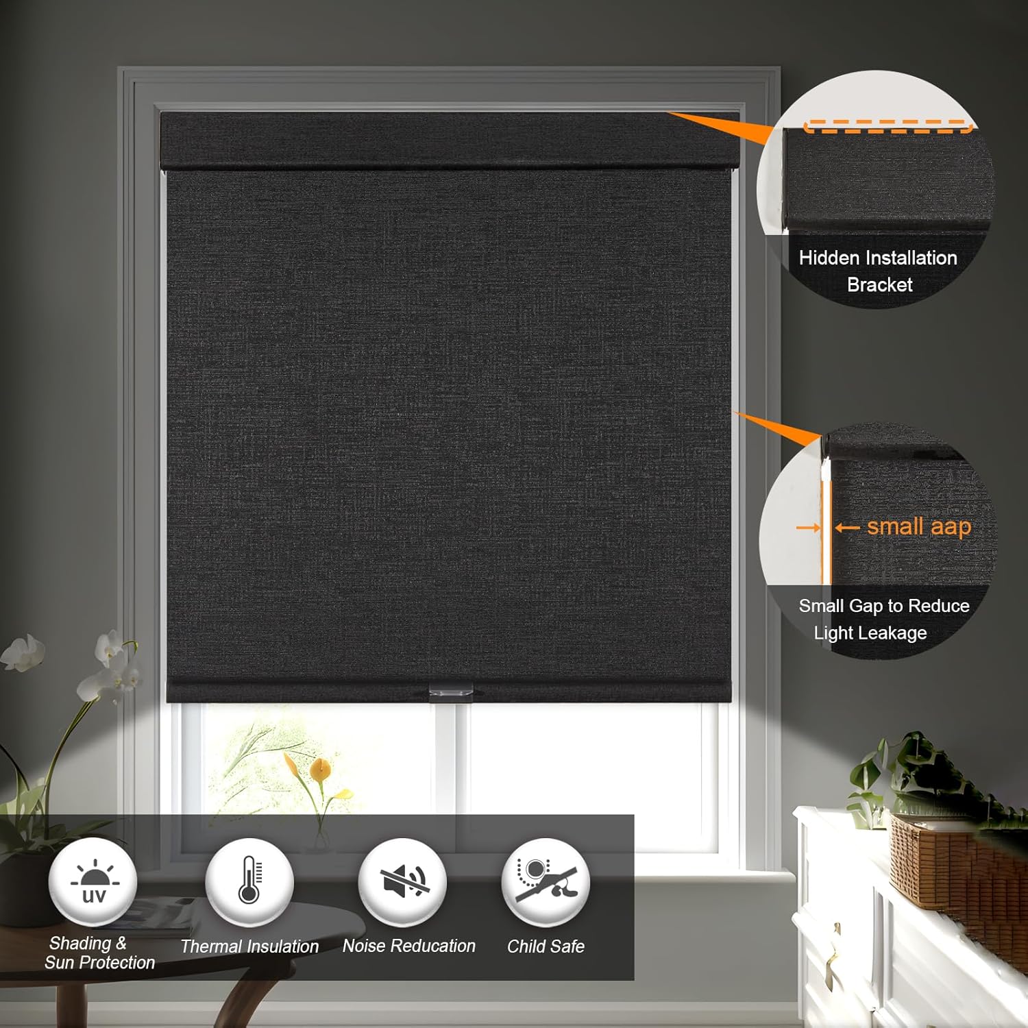 Persilux Custom Size Free-Stop Cordless Blinds for Indoor Windows with Cover, Window Shades Blackout Roller Blinds, Thermal Insulated Fabric UV Protection for Kitchen, Office, Living Room, Black