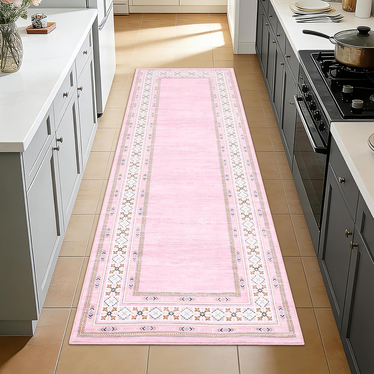 2x6 Kitchen Rugs Non Slip Washable, Modern Solid Runner Rug for Hallway, Non Shedding Low Pile Bordered Carpet Stain Resistant Foldable Soft Mats for Bathroom, Entryway, Bedroom, Pink