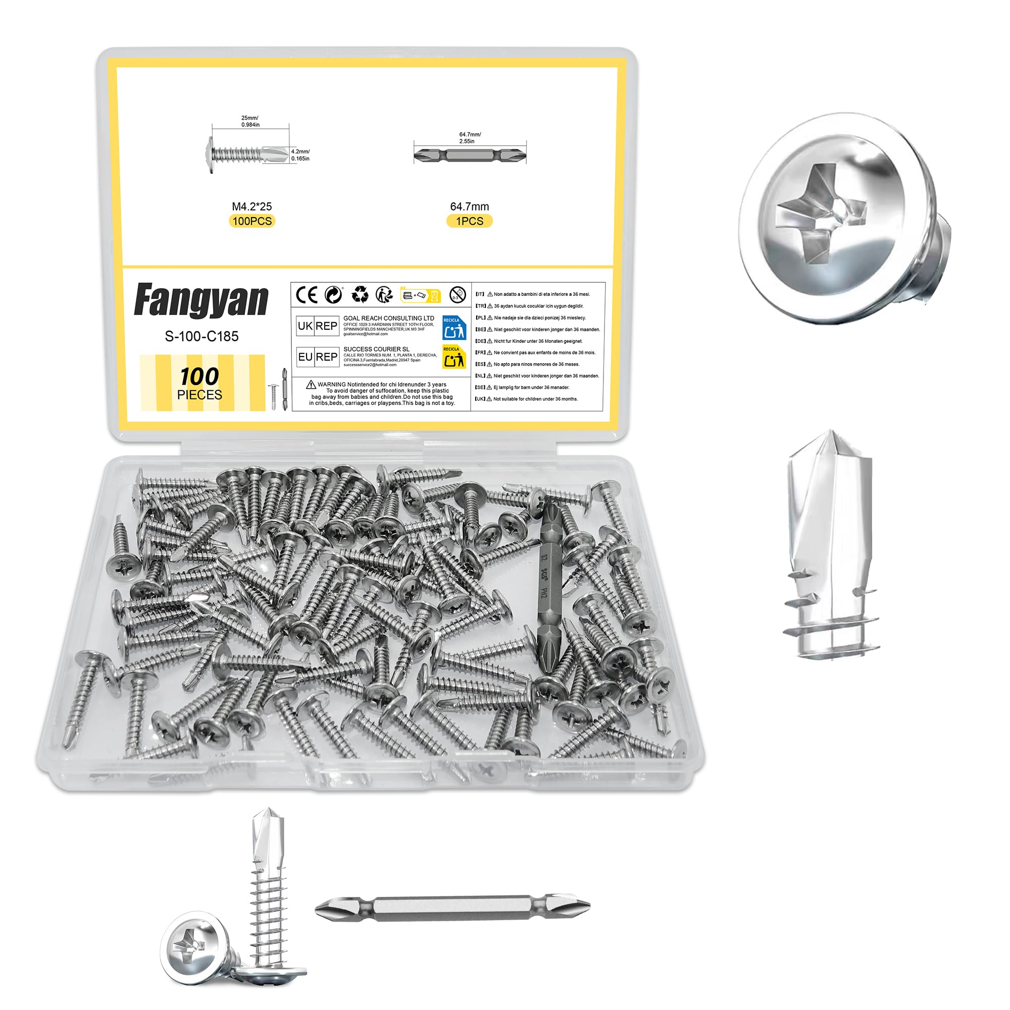 Fangyan 100Pcs M4.2×25mm Wafer Head Self Drilling Screws, High Strength 410 Stainless Steel Sheet Metal Screws with Screwdriver Bit for Sheet Metal Installation