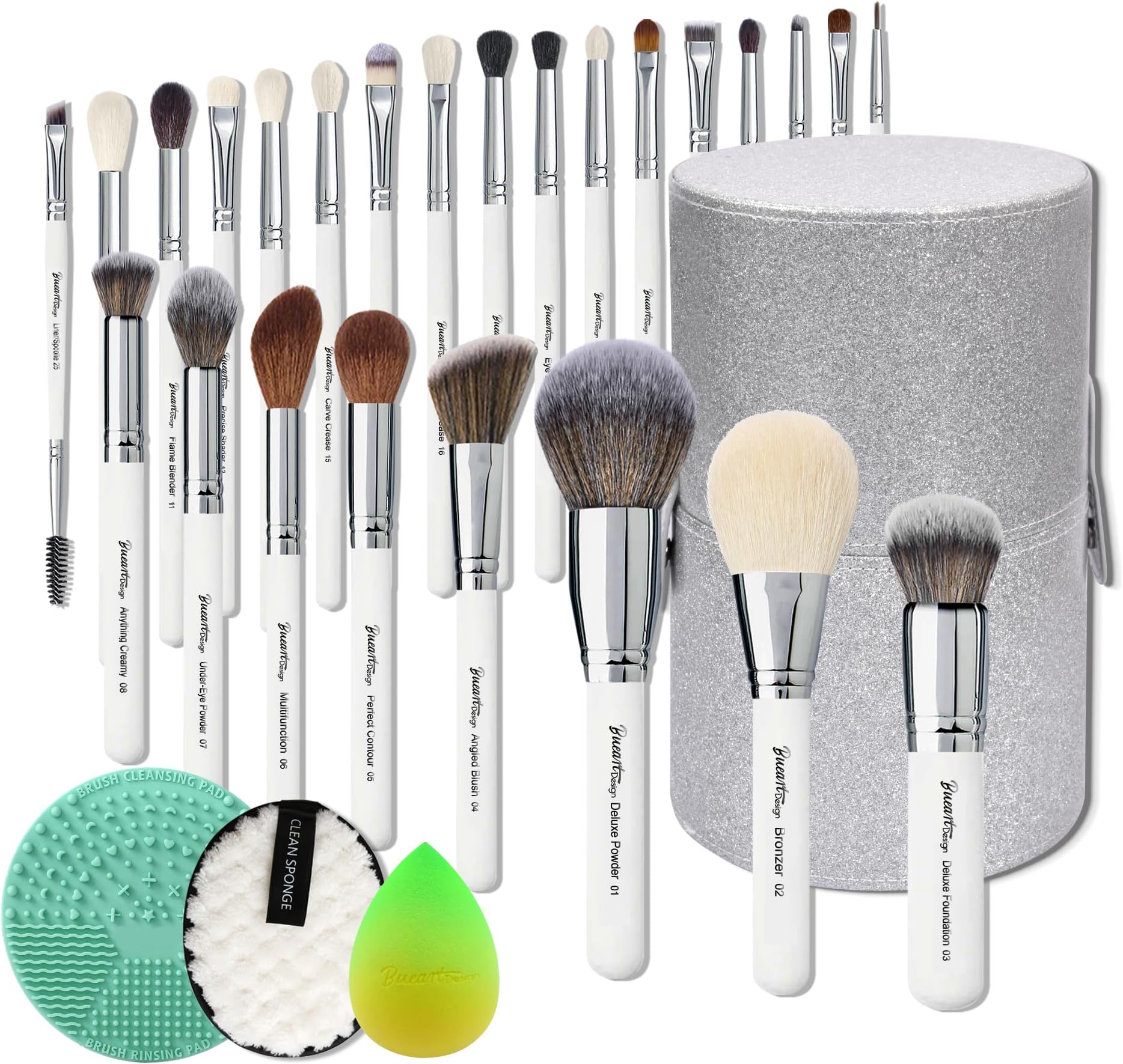 Bueart Design Pro Makeup Artist Deluxe Labeled Best Makeup Brushes Set Real Natural Goat Hair horse hair Professional Brush set with Luxury Extra Large Holder