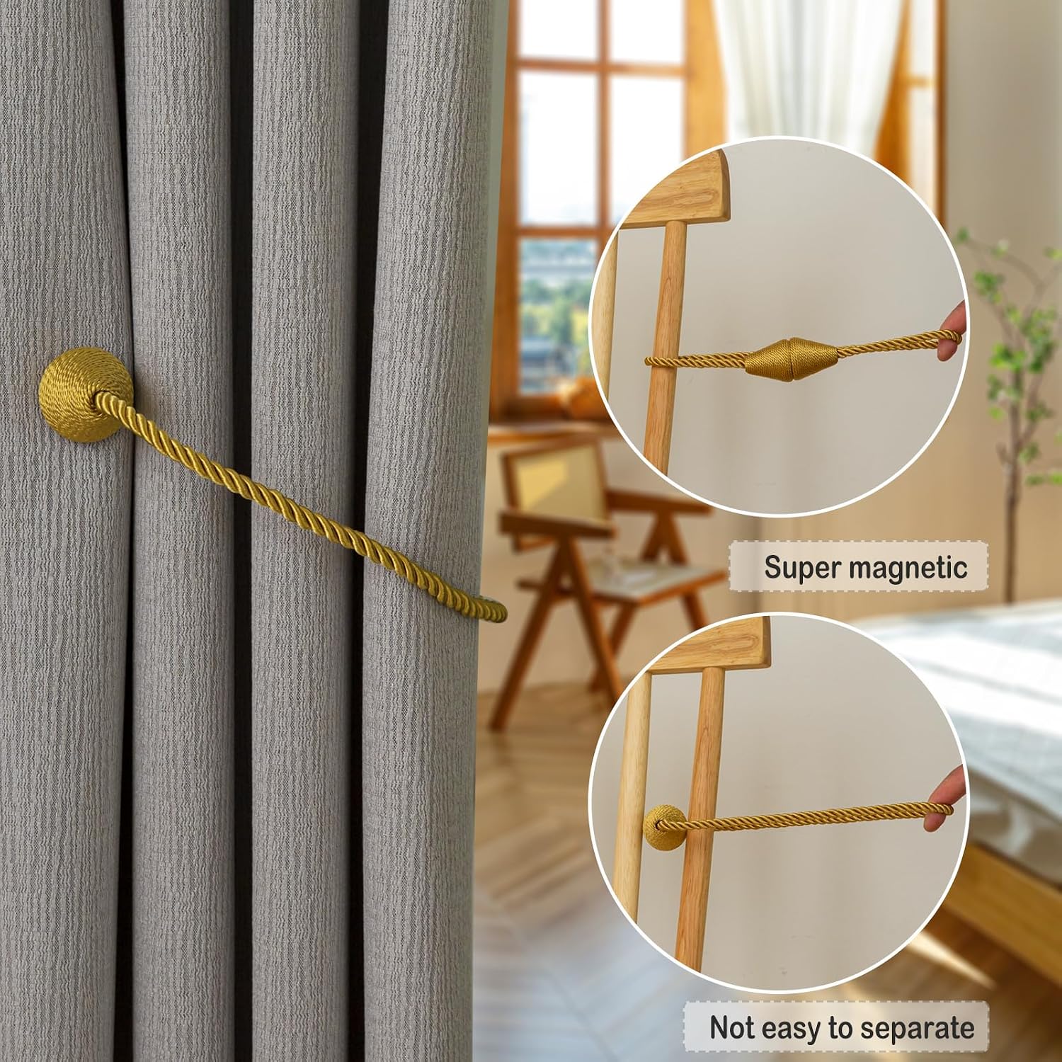 Magnetic Curtain Tiebacks 8 Pack Outdoor Rope Curtain Tie Backs Decorative Window Treatment Holdbacks for Home Decorative Curtain, Gold