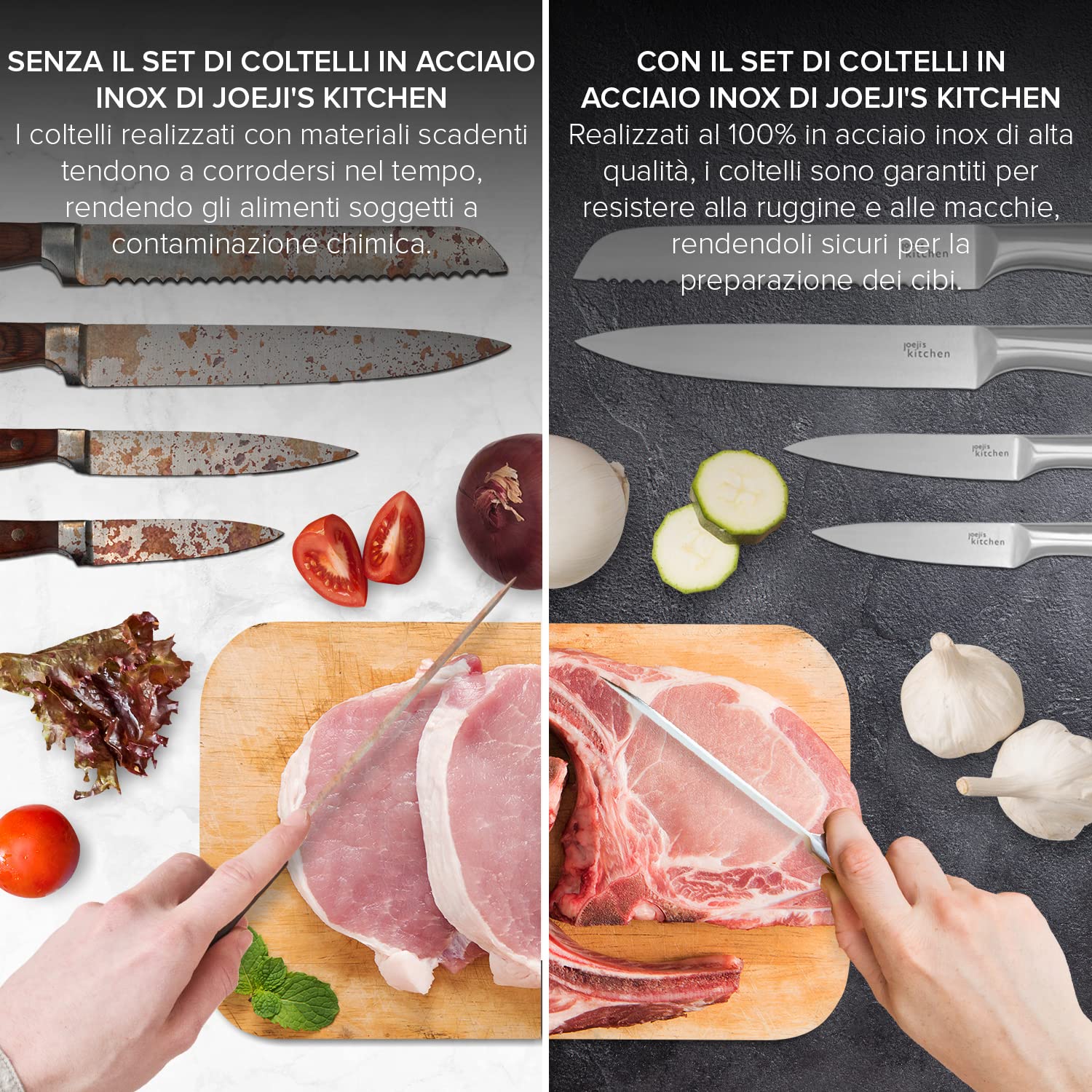 Joeji's Kitchen 5-in-1 Set coltelli da cucina set - Coltelli Professionali Inox ad alto tasso di carbonio - Set di Coltelli da Cucina Multiuso - Coltello da Pane Coltello da Cuoco